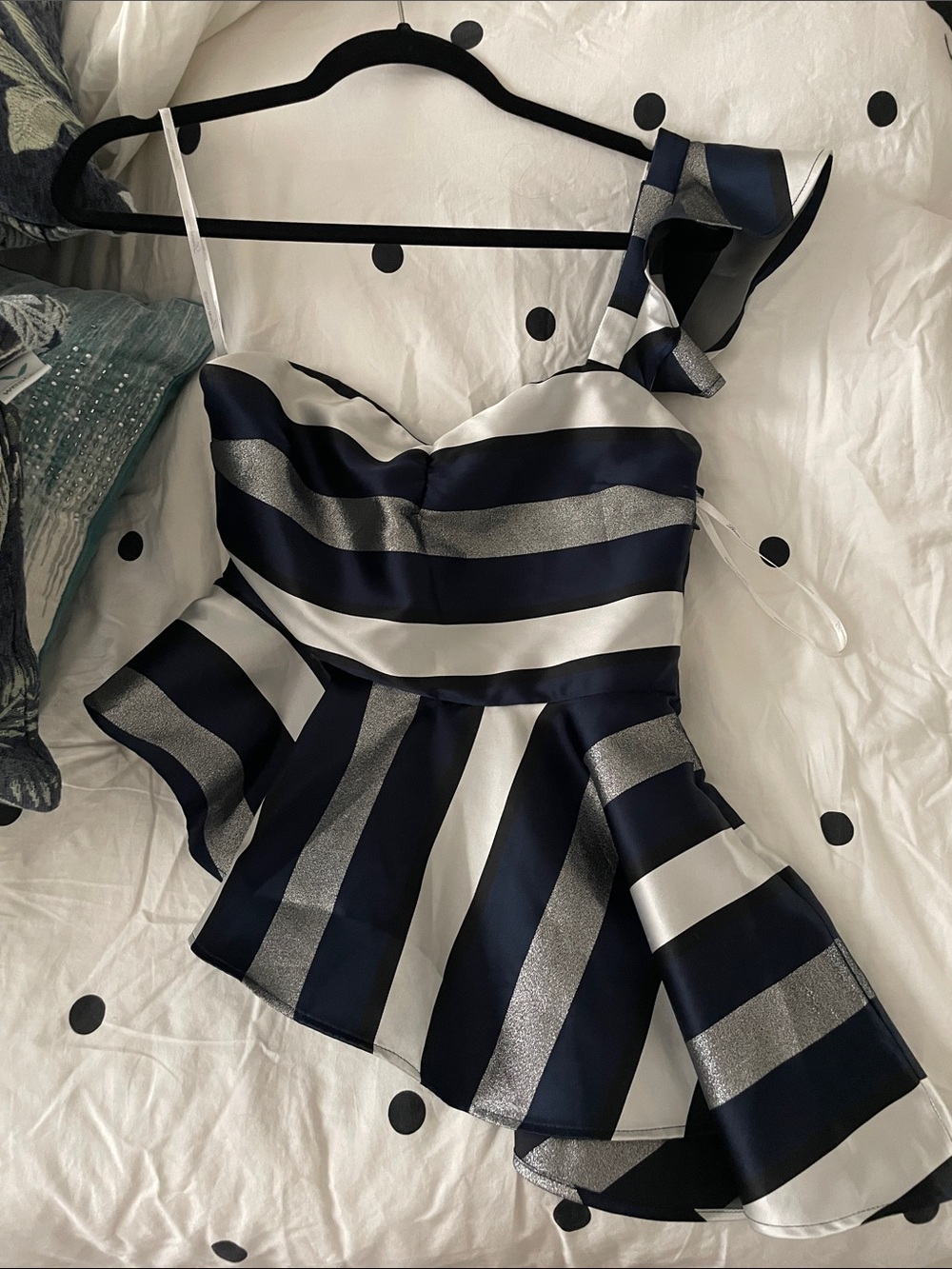 Lovers + Friends Navy, White & Silver One-Shoulder Peplum Top